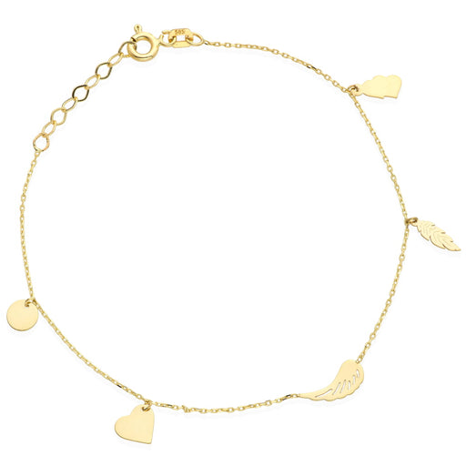 Bratara Lant cu Inimioare, Banut, Aripa, si Frunza- Aur 14k