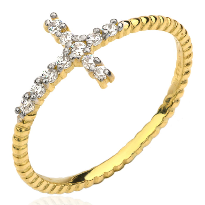 Inel Aur 14k Impletit cu Cruce si Zirconii Albe