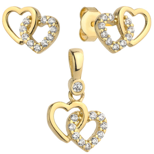 Set Cercei cu Inimioare Intrepatrunse + Pandantiv si Cristale- Aur 14k