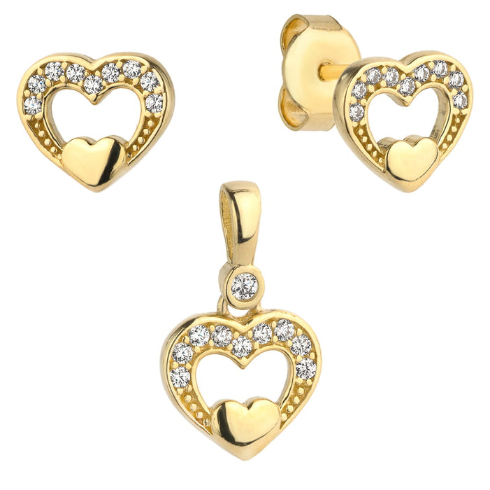 Set Cercei cu Inimioare + Pandantiv si Cristale- Aur 14k