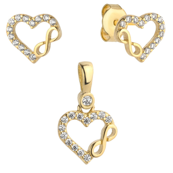 Set Cercei cu Inimioare si Infinit + Pandantiv si Cristale- Aur 14k