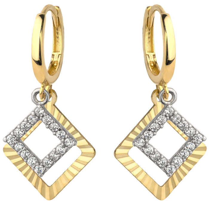 Cercei Aur 14K cu Două Pătrate, Unul Diamantat și Unul cu Zirconii, Model Creol
