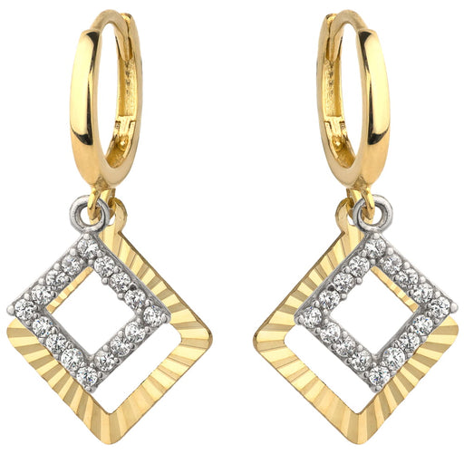 Cercei Aur 14K cu Două Pătrate, Unul Diamantat și Unul cu Zirconii, Model Creol