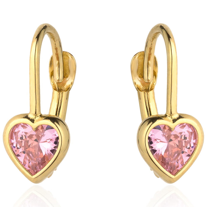Cercei din aur cu contur de inimă și piatră roz