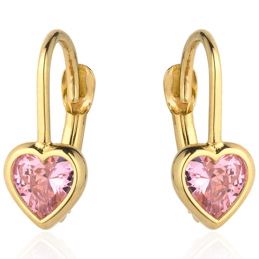 Cercei din aur cu contur de inimă și piatră roz