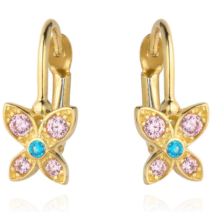 Cercei Aur 14k cu Floare si Zirconii Roz si Albastre