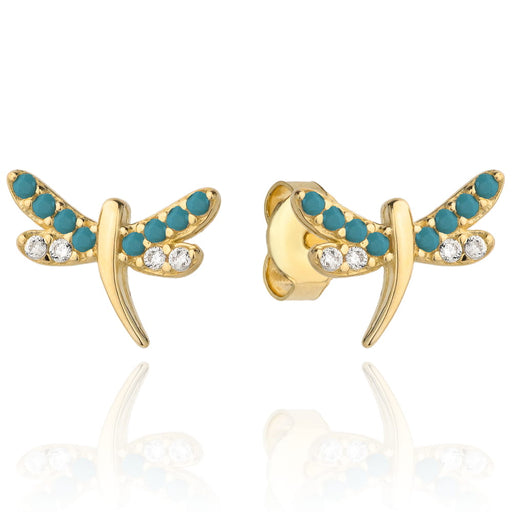 Cercei Aur 14k cu Libelula si Zirconii Turcoaz si Albe