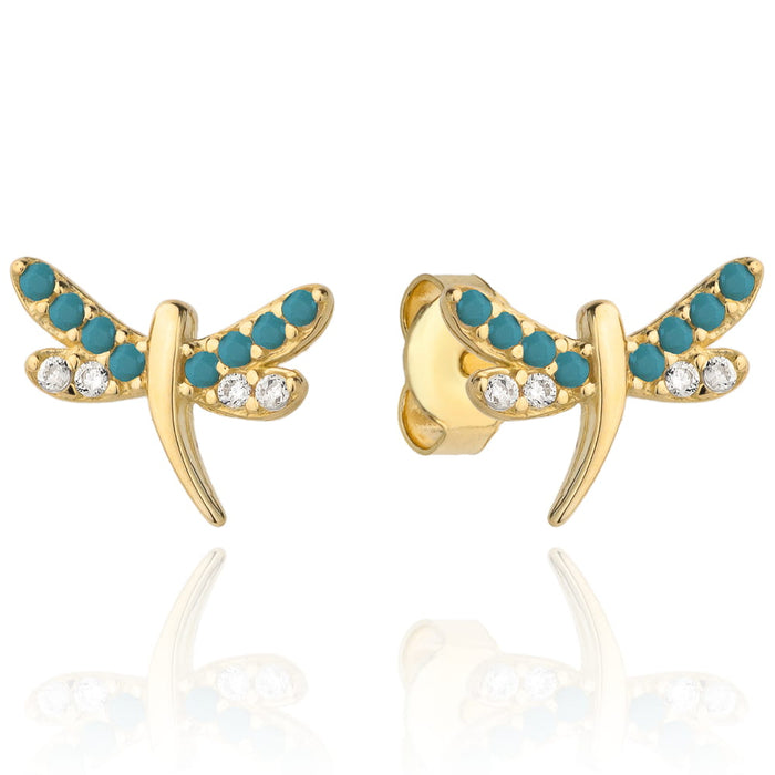 Cercei Aur 14k cu Libelula si Zirconii Turcoaz si Albe