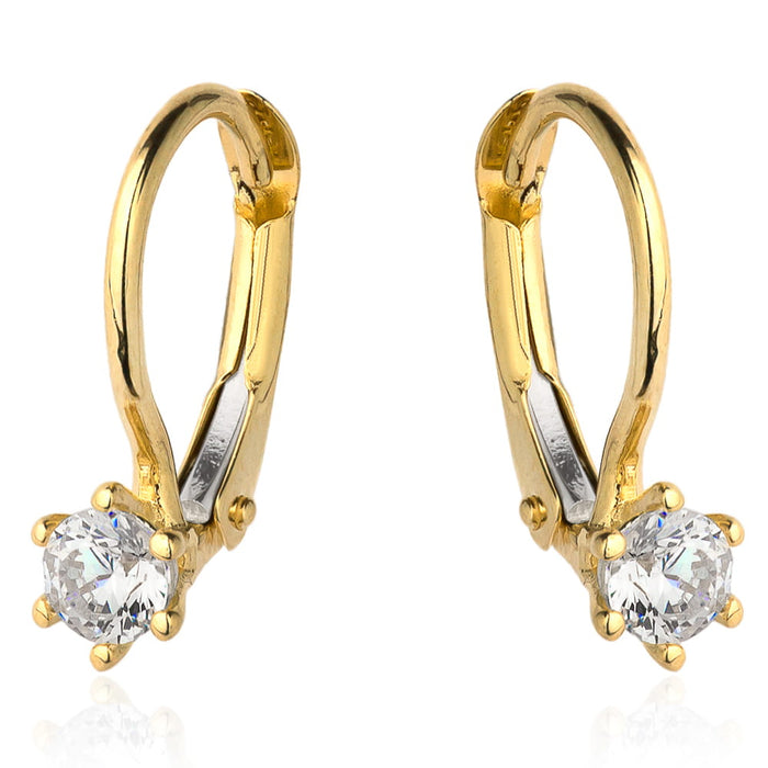 Cercei de aur cu zircon alb central pe o închizătoare franceză