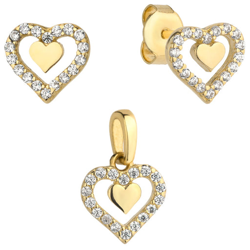 Set Cercei cu Inimioare + Pandantiv si Cristale- Aur 14k