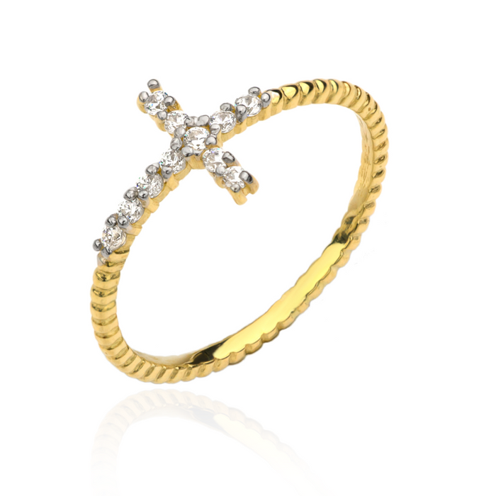 Inel Aur 14k Impletit cu Cruce si Zirconii Albe