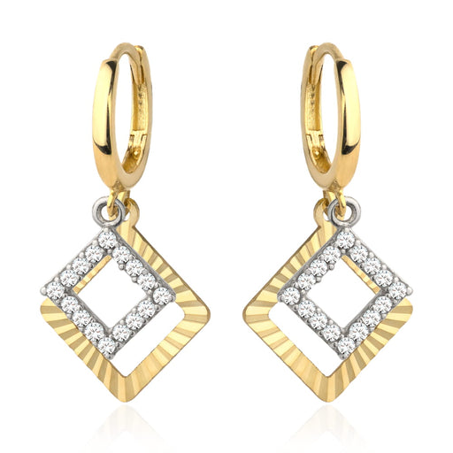 Cercei Aur 14K cu Două Pătrate, Unul Diamantat și Unul cu Zirconii, Model Creol