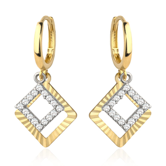 Cercei Aur 14K cu Două Pătrate, Unul Diamantat și Unul cu Zirconii, Model Creol