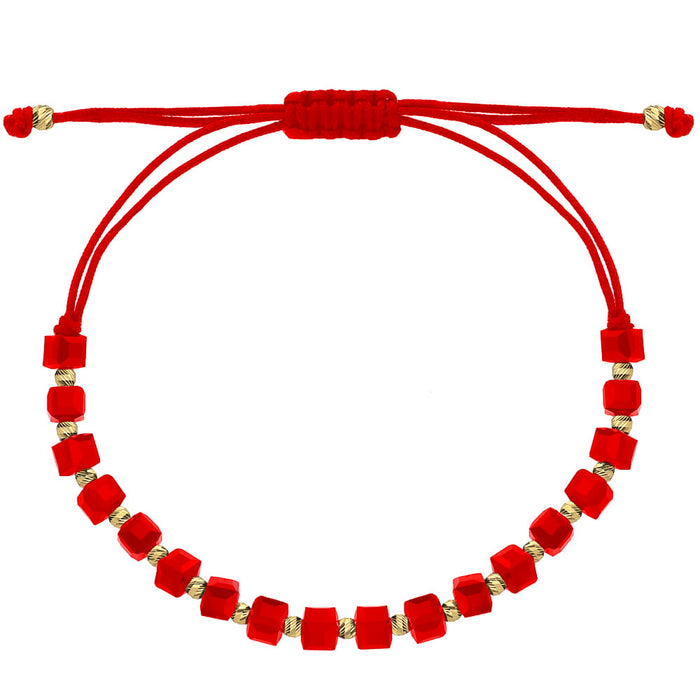 Brățară din Aur 14K cu Biluțe Fațetate și Pietre Roșii pe Șnur Reglabil