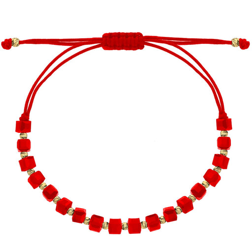 Brățară din Aur 14K cu Biluțe Fațetate și Pietre Roșii pe Șnur Reglabil