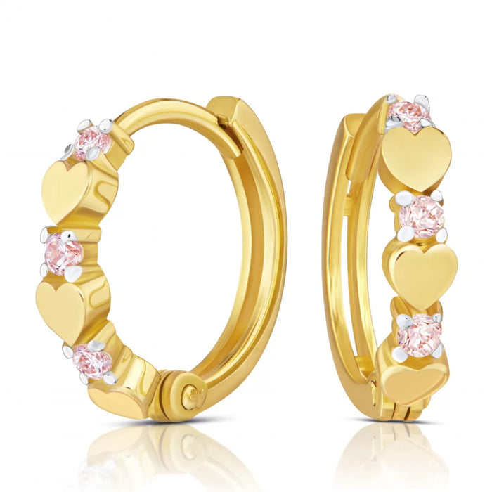 Cercei Rotunzi din Aur 8K cu Inimioare și Zirconii Roz