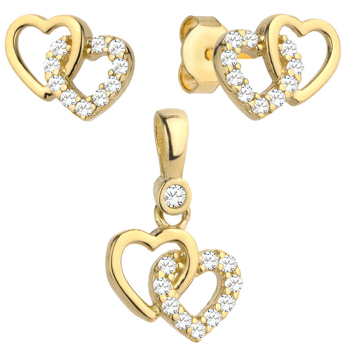 Set Cercei cu Inimioare Intrepatrunse + Pandantiv si Cristale- Aur 14k