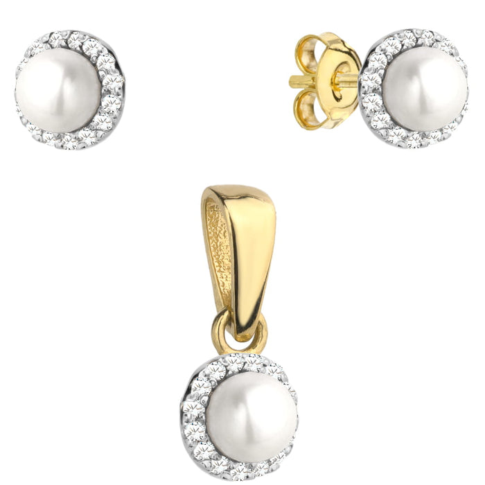 Set Cercei + Pandantiv cu Perle si Cristale- Aur 14k