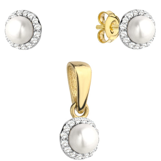 Set Cercei + Pandantiv cu Perle si Cristale- Aur 14k