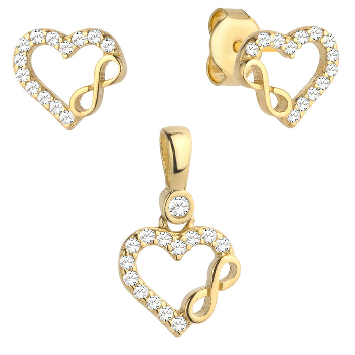 Set Cercei cu Inimioare si Infinit + Pandantiv si Cristale- Aur 14k