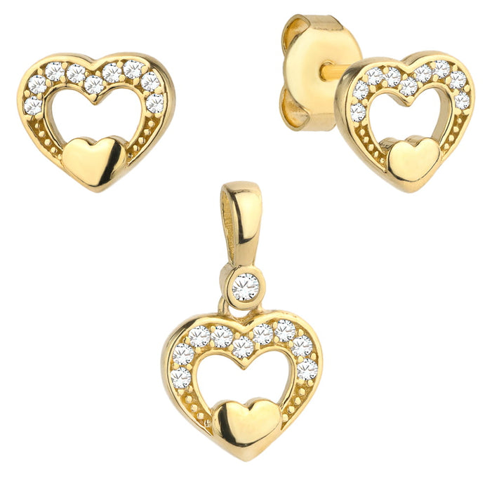 Set Cercei cu Inimioare + Pandantiv si Cristale- Aur 14k