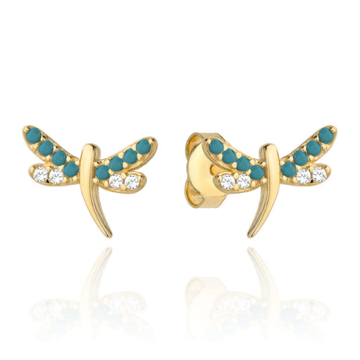 Cercei Aur 14k cu Libelula si Zirconii Turcoaz si Albe