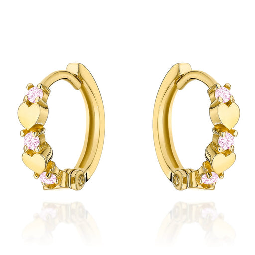 Cercei Creole Aur 14k cu Inimioare si Zirconii Roz