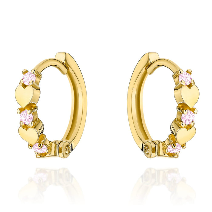 Cercei Creole Aur 14k cu Inimioare si Zirconii Roz