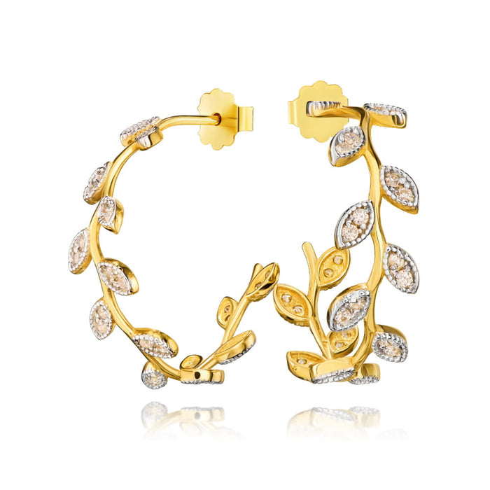 Cercei Rotunzi din Aur 8K cu Frunzulițe și Pietre Albe