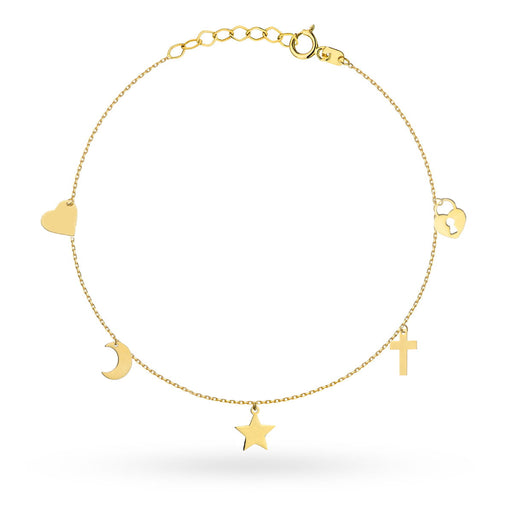 Bratara Lant cu Cruce, Inima, Stea, Luna si Lacat- Aur 14k