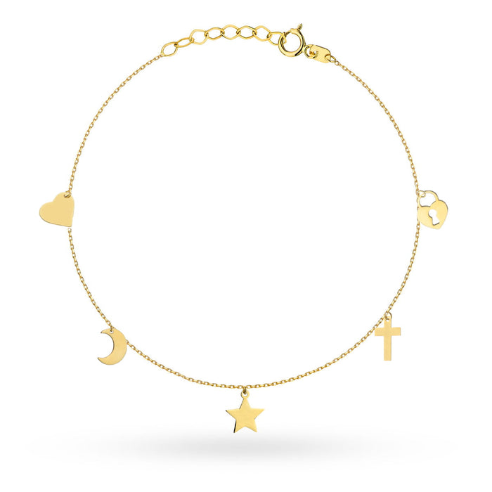 Bratara Lant cu Cruce, Inima, Stea, Luna si Lacat- Aur 14k