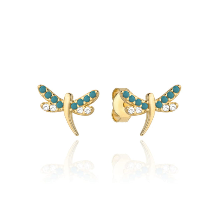 Cercei Aur 14k cu Libelula si Zirconii Turcoaz si Albe
