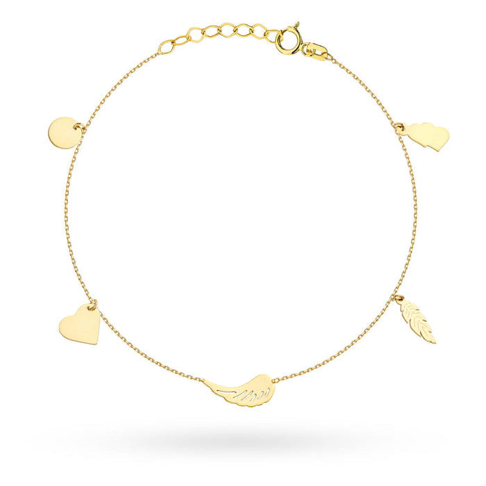 Bratara Lant cu Inimioare, Banut, Aripa, si Frunza- Aur 14k