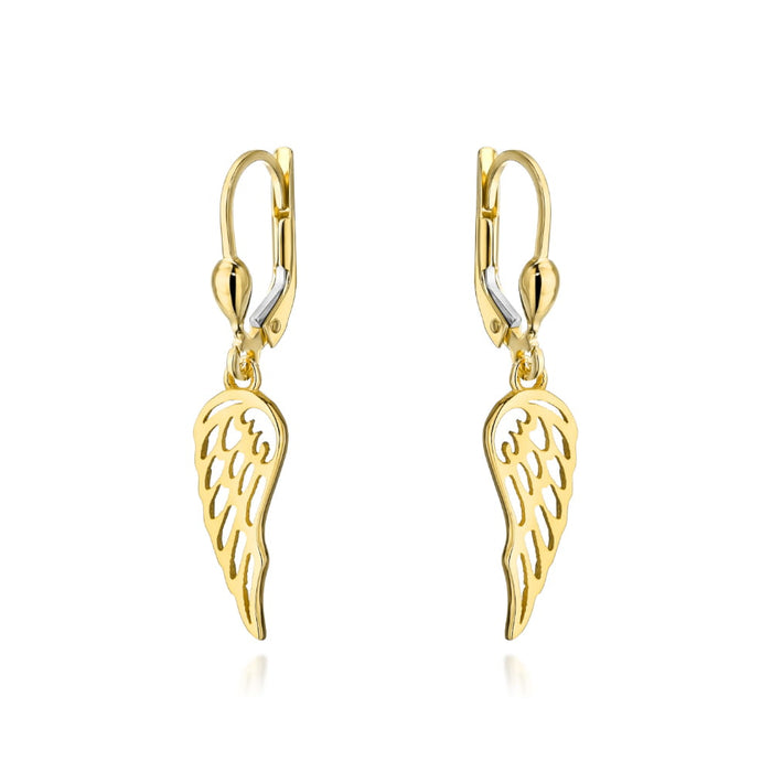 Cercei de aur cu aripi suspendate pe o închizătoare englezească