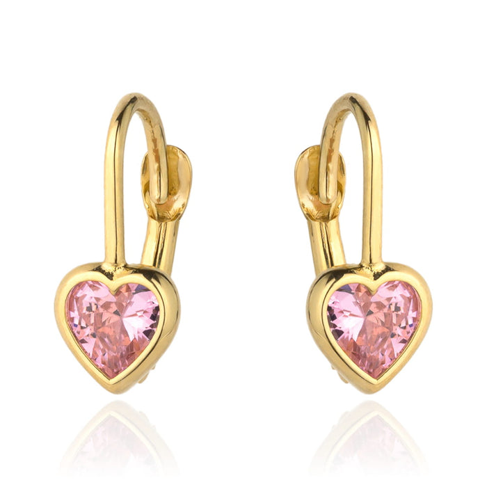 Cercei din aur cu contur de inimă și piatră roz