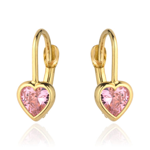 Cercei din aur cu contur de inimă și piatră roz
