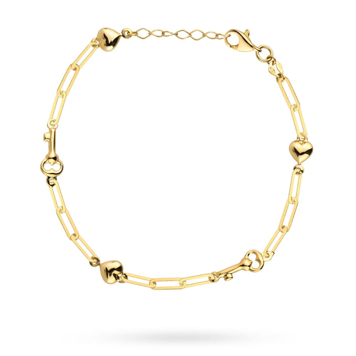 Bratara cu Inimioare si Chei cu Zale Impletite- Aur 14k