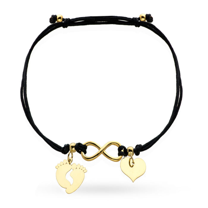Brățară Aur 14K cu Simboluri: Piciorușe, Infinit și Inimă pe Șnur Negru