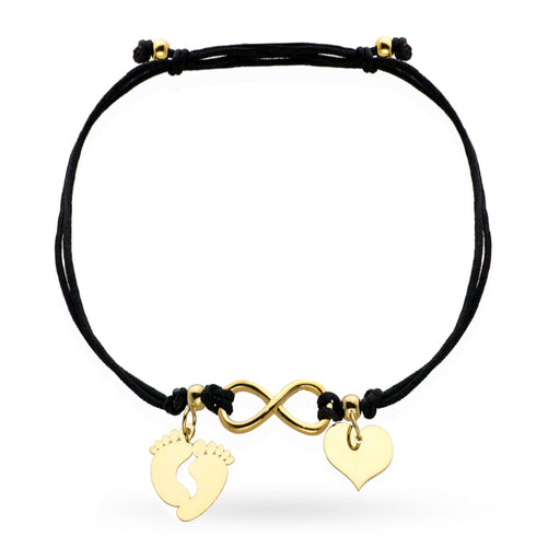 Brățară Aur 14K cu Simboluri: Piciorușe, Infinit și Inimă pe Șnur Negru