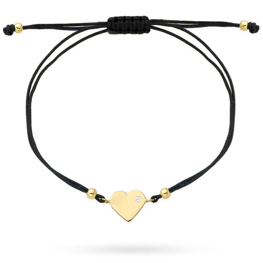 Brățară Inimă de Aur cu Zirconiu pe Snur Negru -Aur 14k