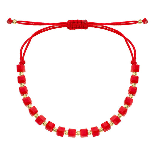 Brățară din Aur 14K cu Biluțe Fațetate și Pietre Roșii pe Șnur Reglabil