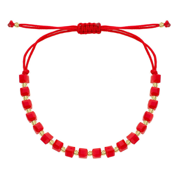 Brățară din Aur 14K cu Biluțe Fațetate și Pietre Roșii pe Șnur Reglabil