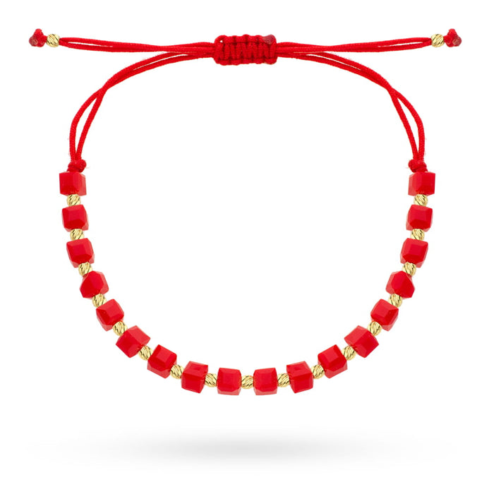 Brățară din Aur 14K cu Biluțe Fațetate și Pietre Roșii pe Șnur Reglabil