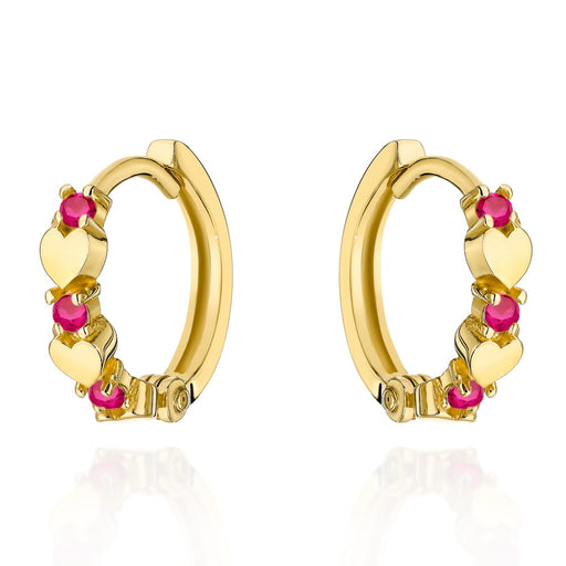 Cercei de aur cu inimă cu zirconii fucsia pe creolă