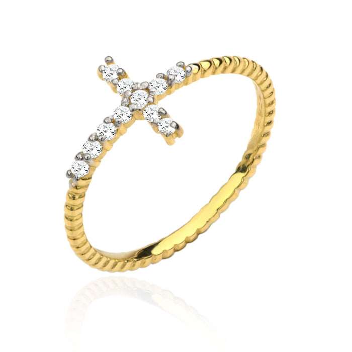 Inel Aur 14k Impletit cu Cruce si Zirconii Albe