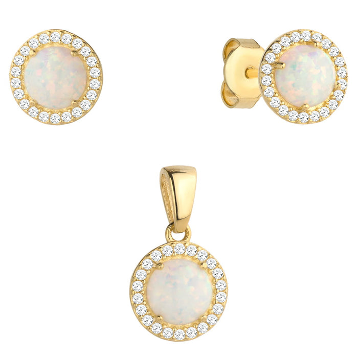 Set cercei + pandantiv, opal auriu inconjurati de zirconi din Aur 14k