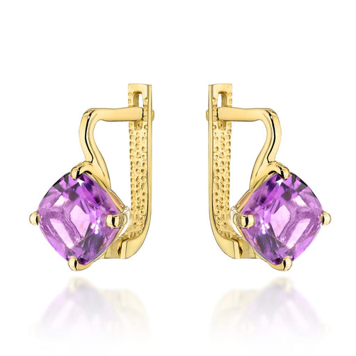 Cercei Aur Galben 14K Cu Ametist Natural Pătrat - Colecția "Colorful Stone"