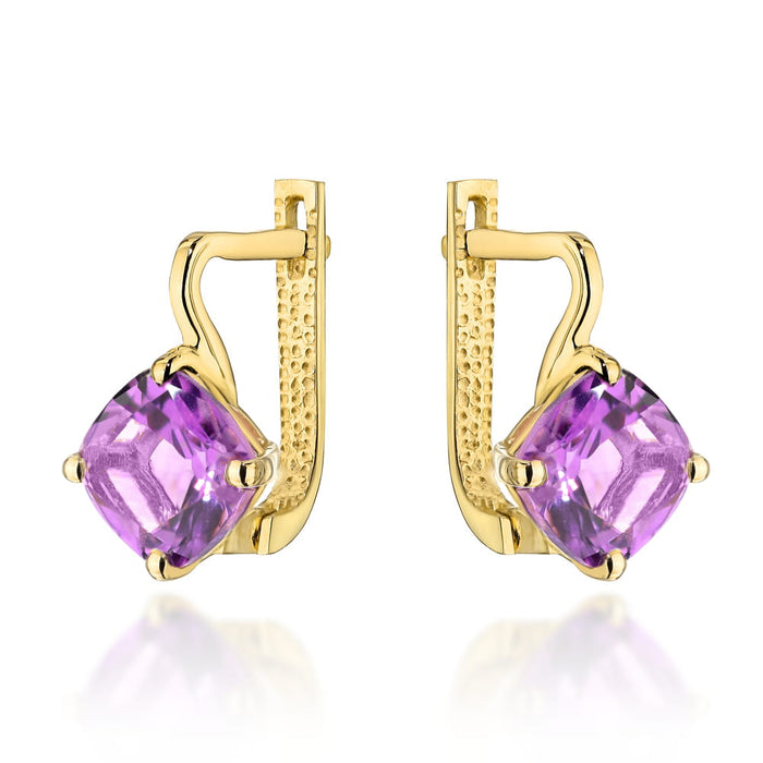 Cercei Aur Galben 14K Cu Ametist Natural Pătrat - Colecția "Colorful Stone"