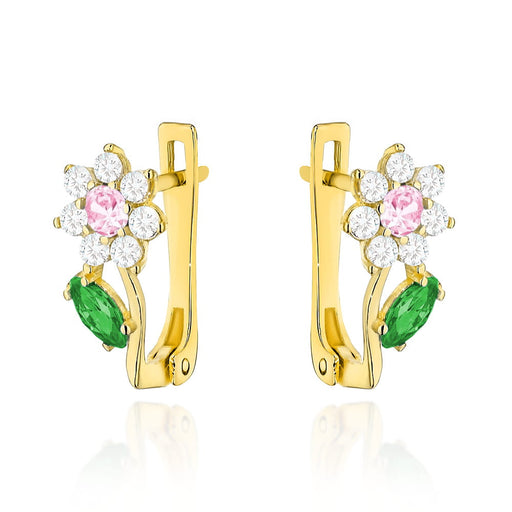 Cercei Floricele Delicate din Aur 14K cu Cirkonie Roz și Verzi