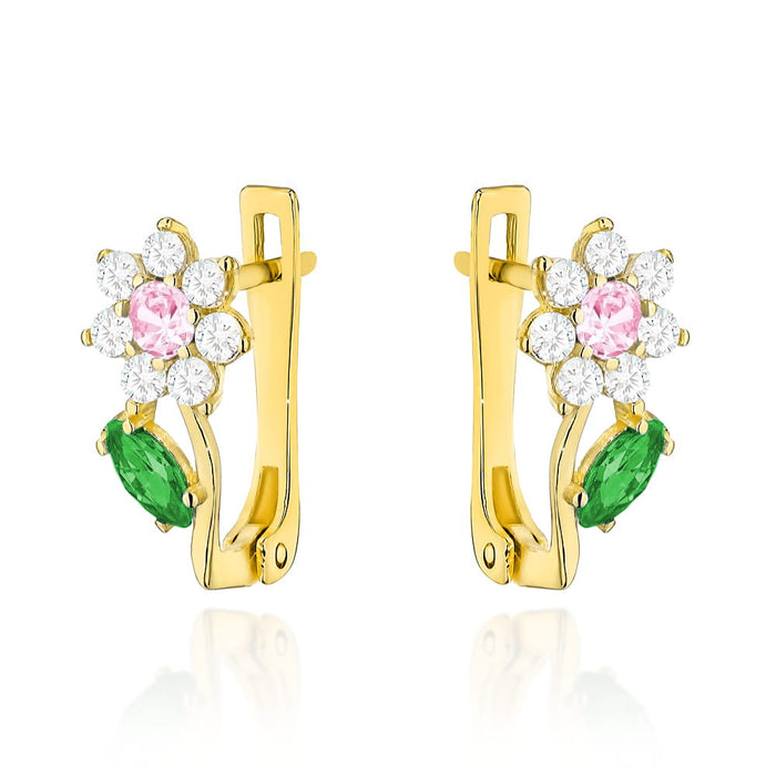 Cercei Floricele Delicate din Aur 14K cu Cirkonie Roz și Verzi